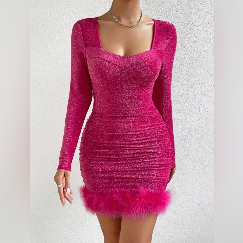 SHEIN BAE Metallic Shirred Trim Sweetheart Neckline Shirred Trim Bodycon Dress